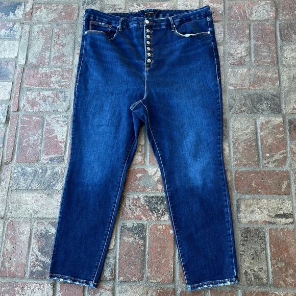 Good American Button Fly Jeans Raw Hem Size 26 Plus Dark Blue Stretch - Picture 1 of 3